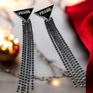 SILVER ENAMEL/BLACK GLITTER RHINESTONE DANGLE EARRINGS NWOT